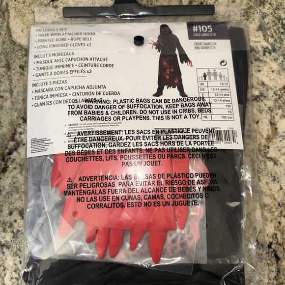 Hooded Horror Grim Reaper Halloween Costume Child L 12-14 Glow in the Dark Mask - Picture 3 of 4